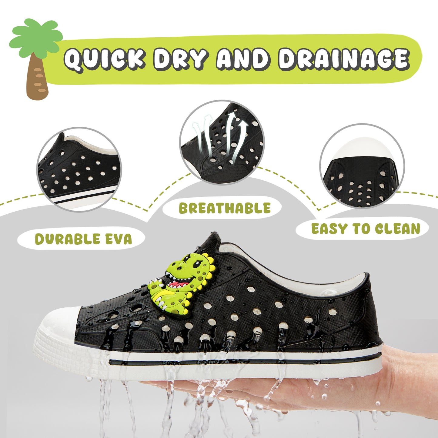 kids green dinosaur summer sandals - solid black dino beach shoes - funcoo