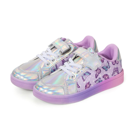 Pair of iridescent and purple sneakers with butterfly design on a white background