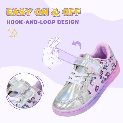 Shiny purple and silver sneaker with butterfly design on a light purple background