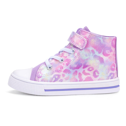 Pink and purple tie-dye high-top sneaker on a white background