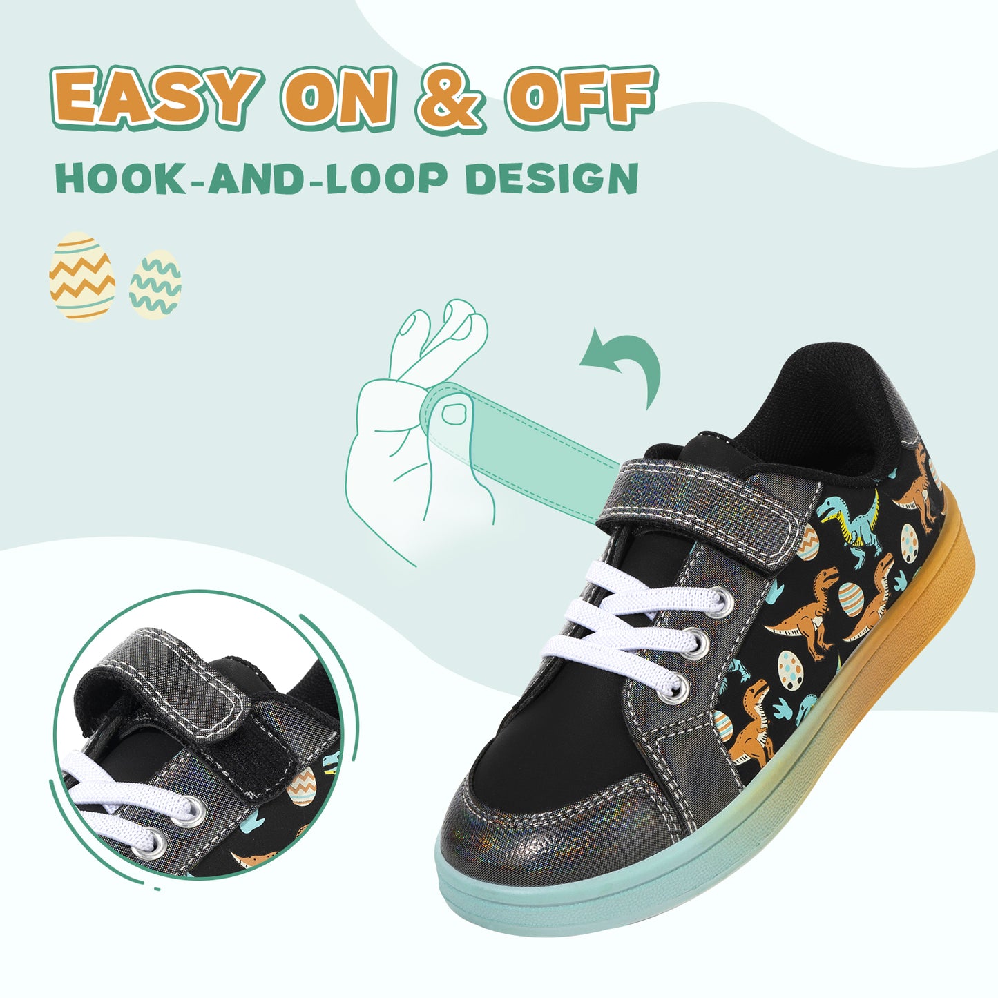children's shoe with dinosaur pattern and easy-on/off hook-and-loop design on a light blue background
