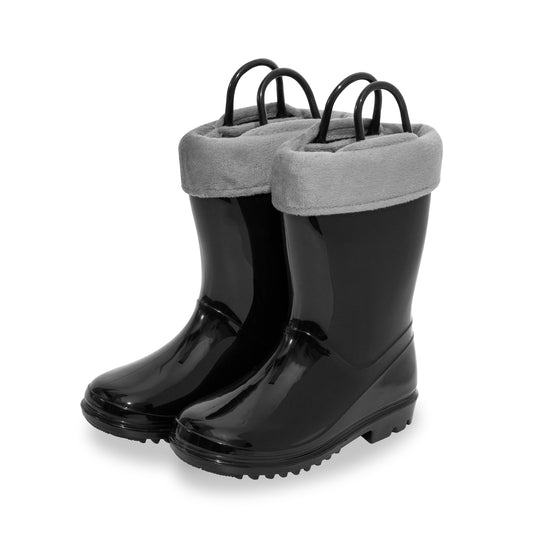 Kid Toddler Warm Rain Boots Solid Black Winter Boots Fur Lined Shoes with Handles