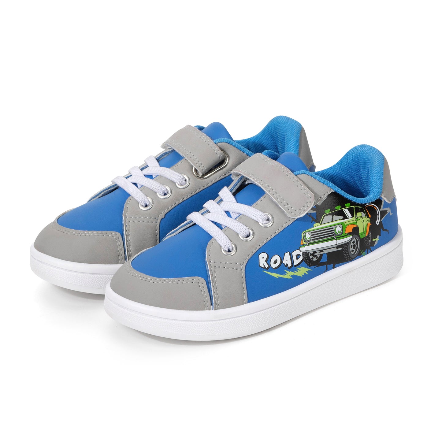 children's blue and gray sneakers with a car design on a white background