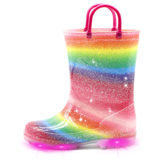 Glitter Rainbow Light Up Waterproof Rain Boots with Handles