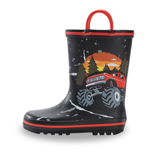 Black rain boot with red top and monster truck design on a white background