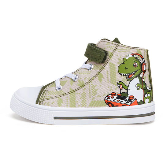 Children's high-top sneaker with a dinosaur design on a beige background