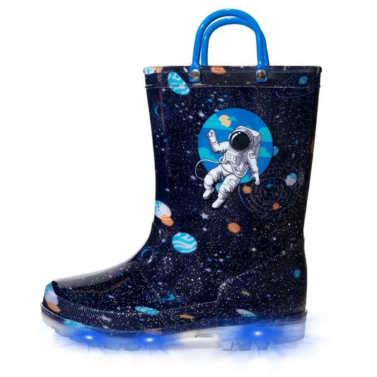 Space-themed rain boot with an astronaut design on a white background
