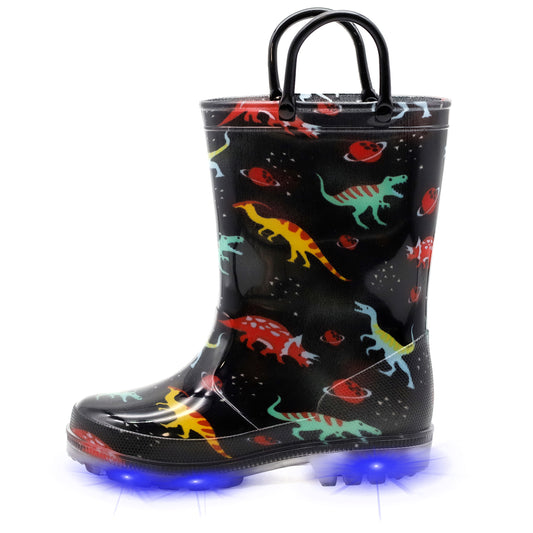Black Dinosaur Waterproof Light Up Rain Boots with Handles