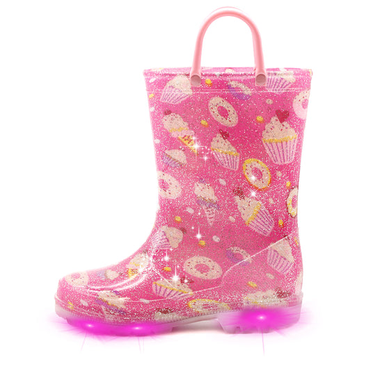 Glitter Pink Donut Light Up Waterproof Rain Boots with Handles