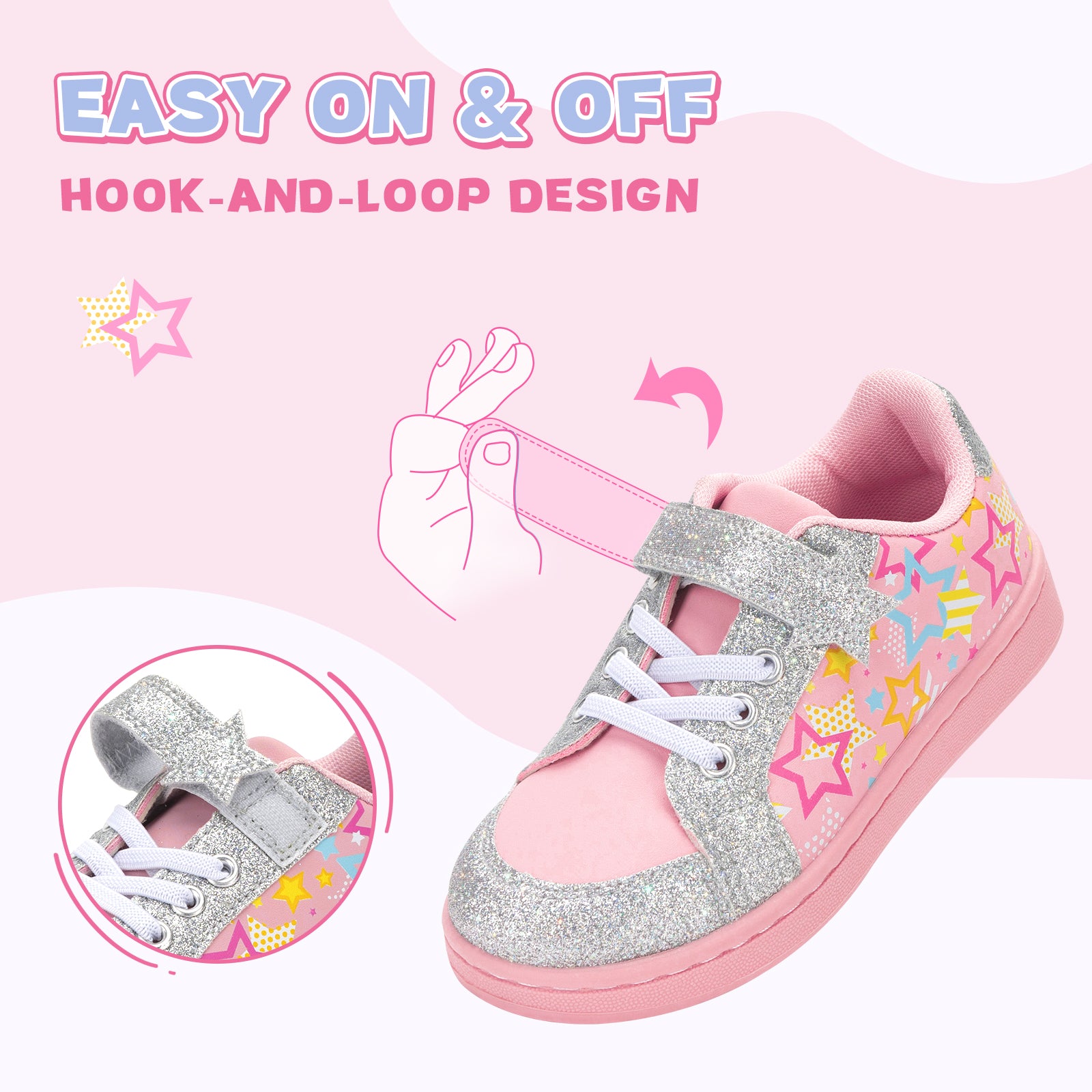 Pink and silver children's sneakers with star design on a pink background