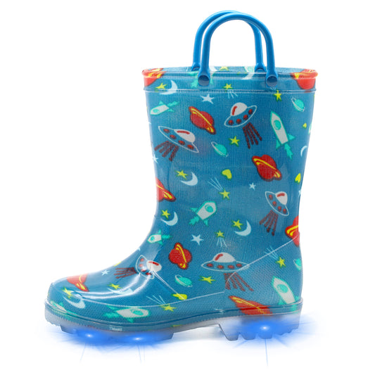Teal Blue Space Light Up Waterproof Rain Boots with Easy-on Handles