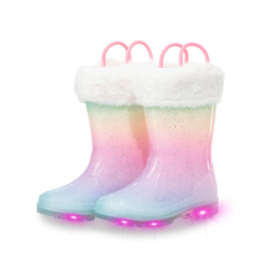 Kid Toddler Warm Rain Boots Light Up Pink Gradient Winter Shoes with Handles