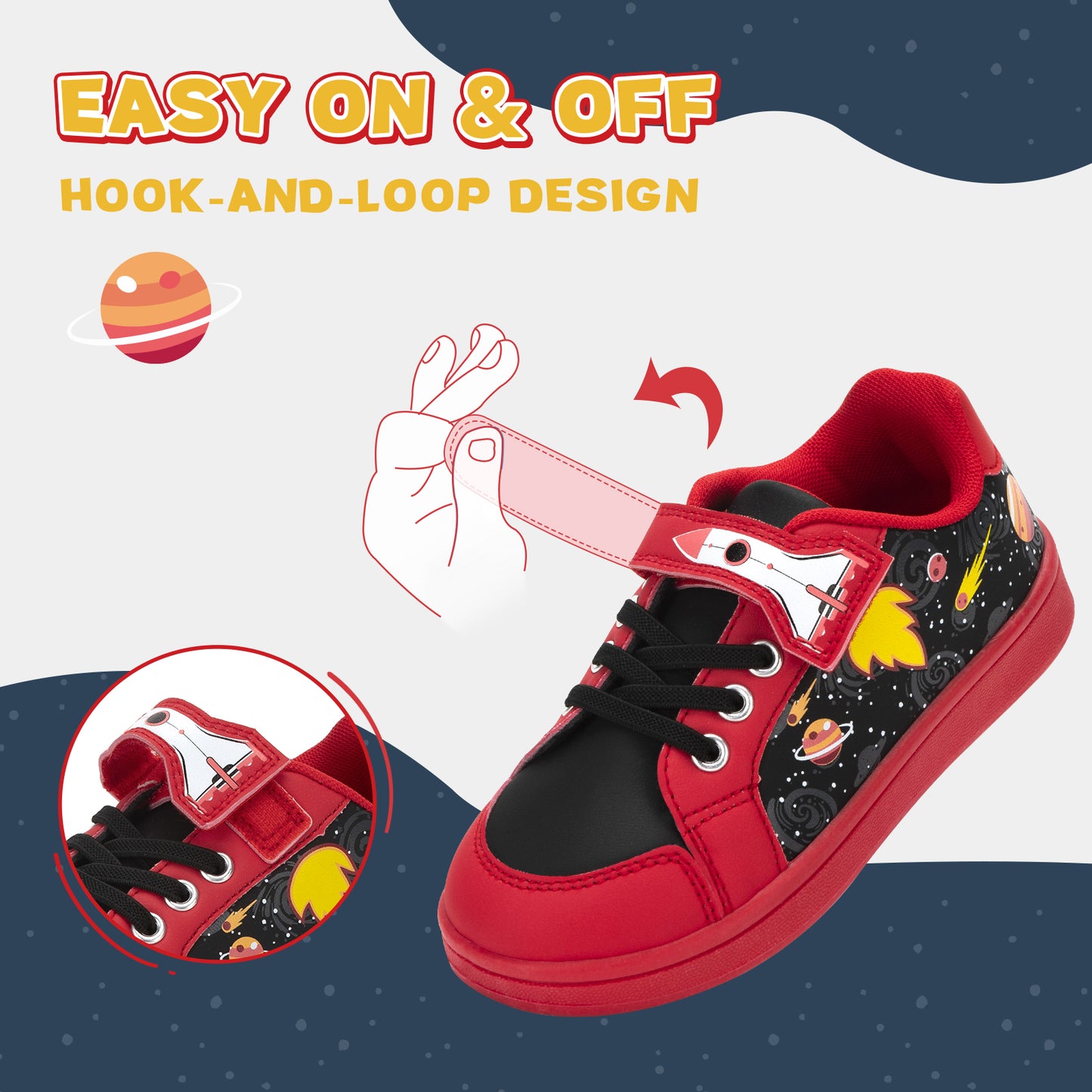 red and black sneaker with space-themed design and easy-on/off hook-and-loop design on a white background.
