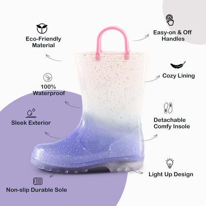 Glitter Purple Gradient Light Up Waterproof Rain Boots Girls with Handles