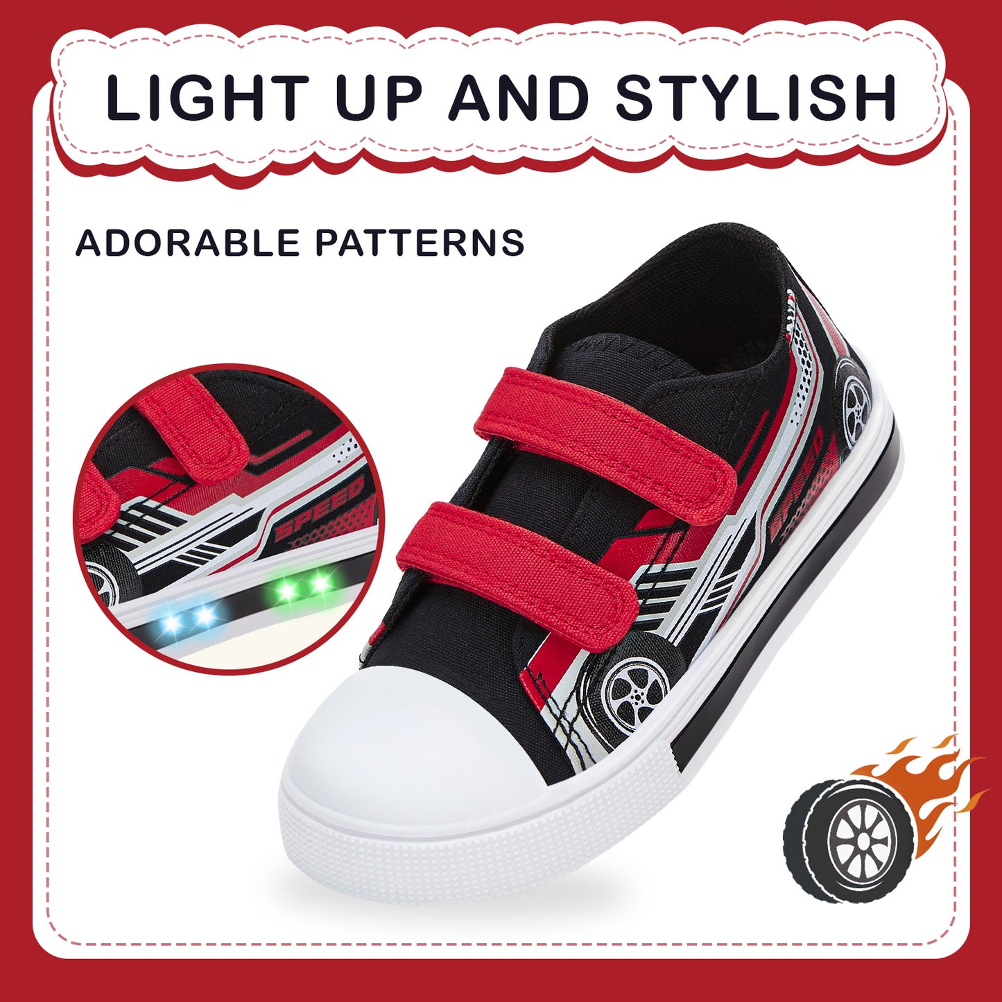 euxterpa girls boys light up sneakers dual straps kids sneakers black and red speed racing car