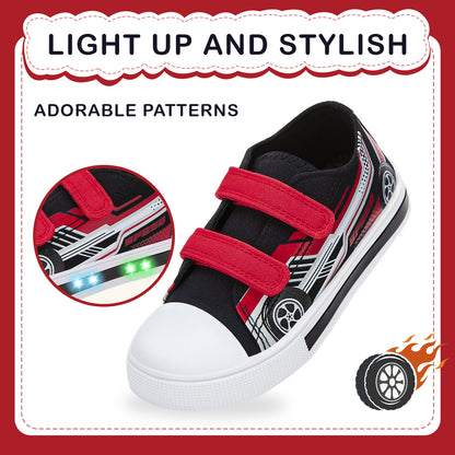EUXTERPA Girls Boys Light Up Sneakers Dual Straps Kids Sneakers Black and Red Speed Racing Car