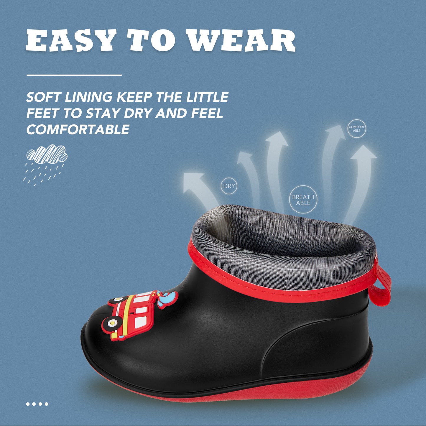 kids-toddler black car cartoon kids rain boots
