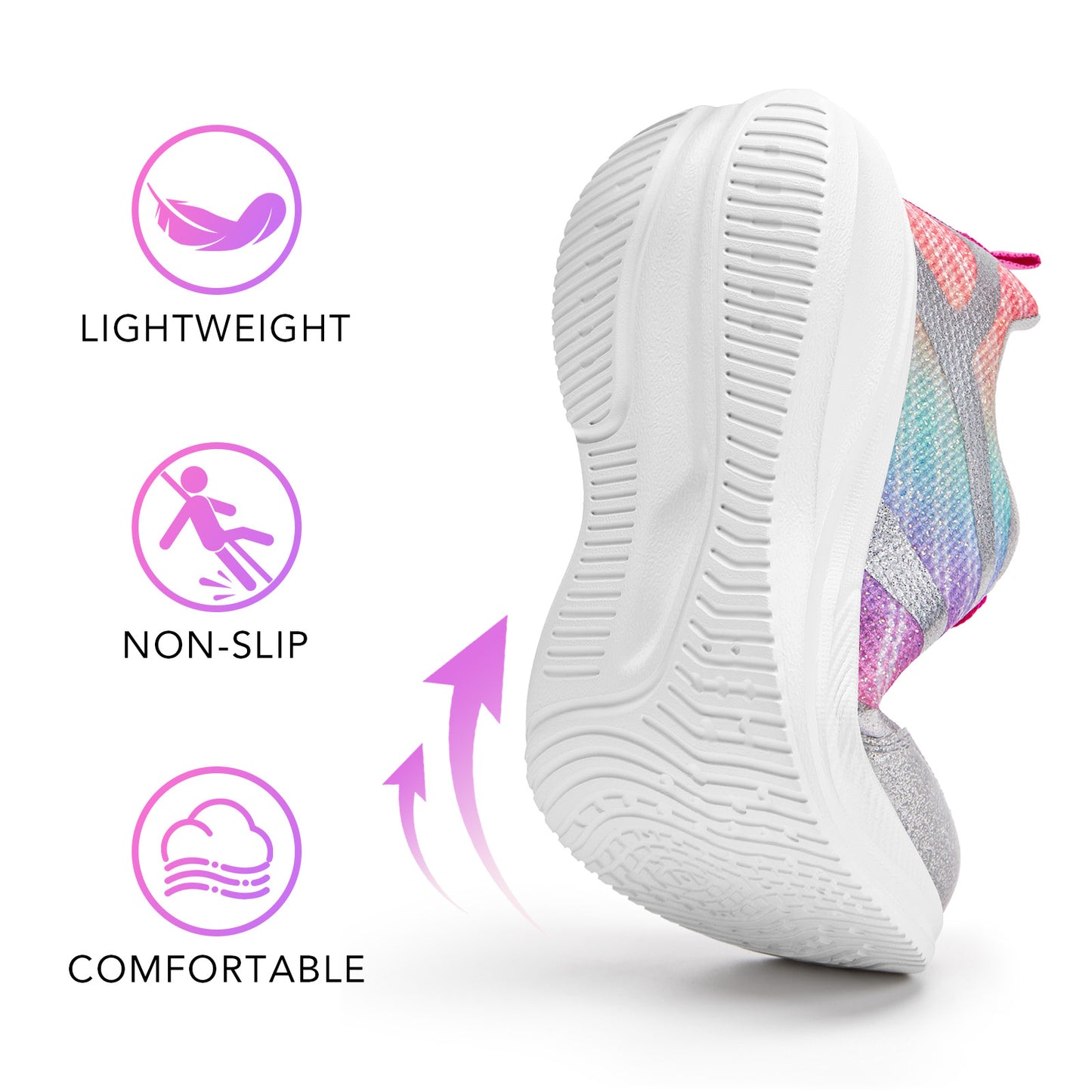 girls sneakers kids lightweight running shoes silver-gray lines with a purple-to-green gradient