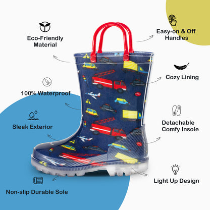 Red Blue Car Truck Light Up Waterproof Rain Boots with Handles