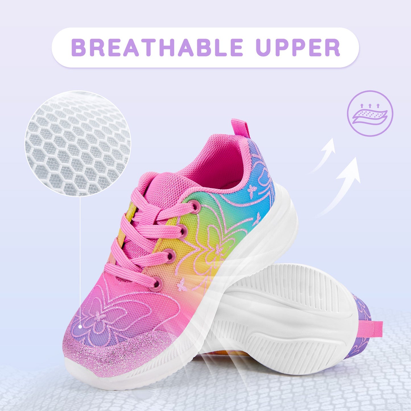 girls sneakers kids lightweight running shoes butterfly with a gradient of purple, pink, yellow, and green.