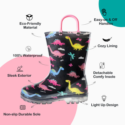 Black Dinosaur Light Up Waterproof Rain Boots with Pink Handles