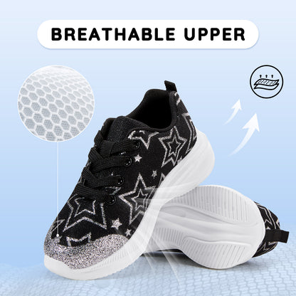 Girls Sneakers Kids Lightweight Running Shoes Black-Silver Star