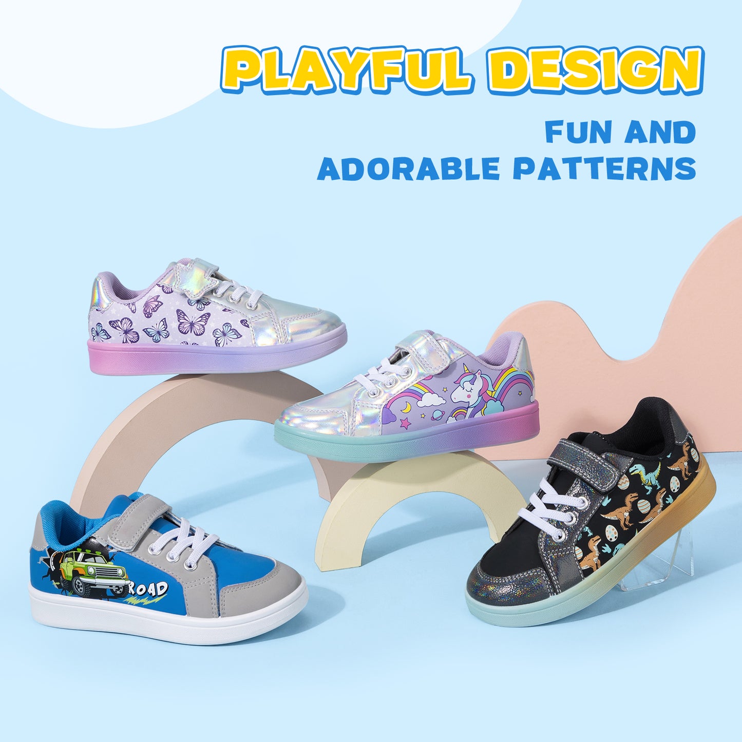 children's sneakers with playful designs on a light blue background
