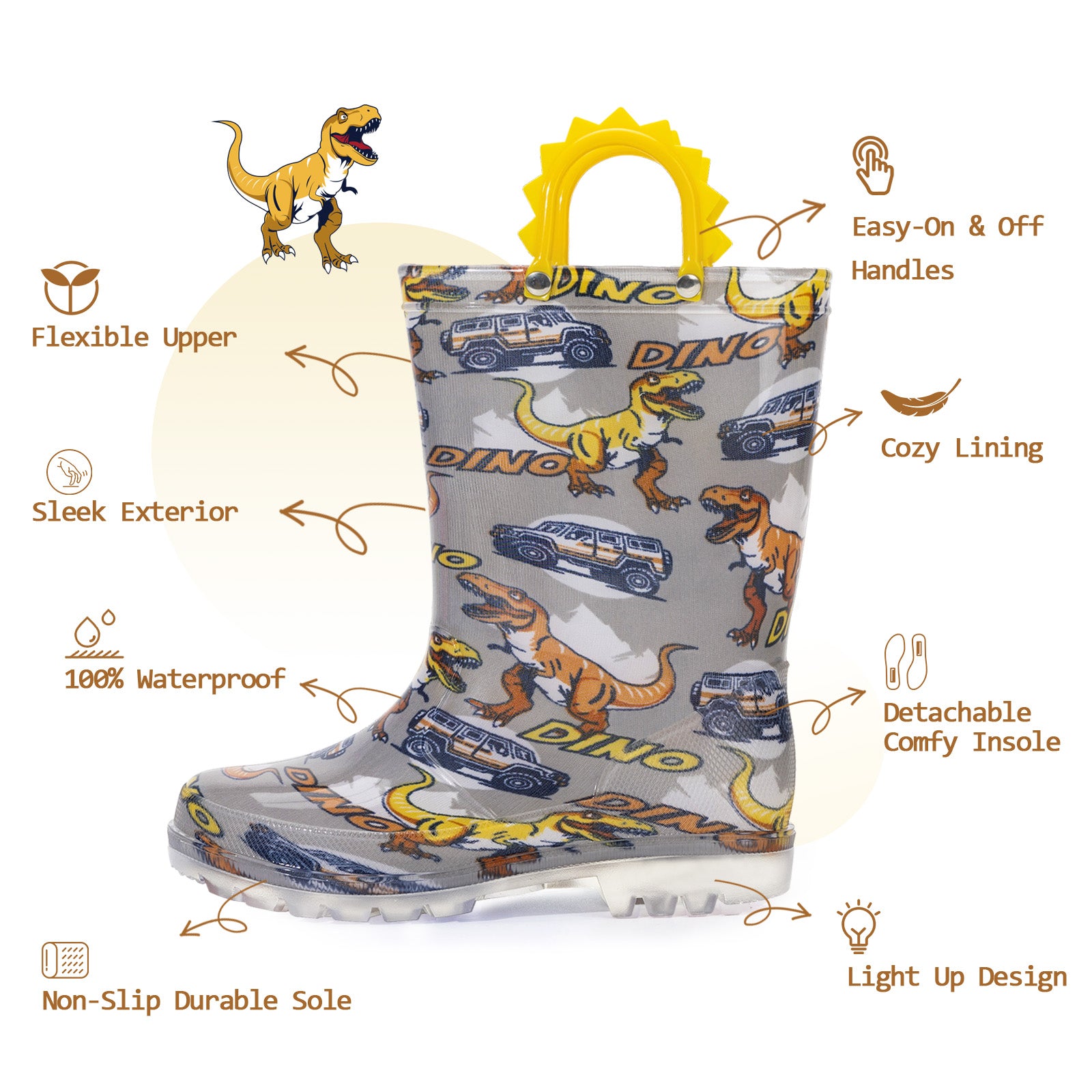 Light Up Boys Fashion Rain Boots with Handles