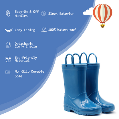 Navy Blue Kid Waterproof Rain Boots with Easy On Handles