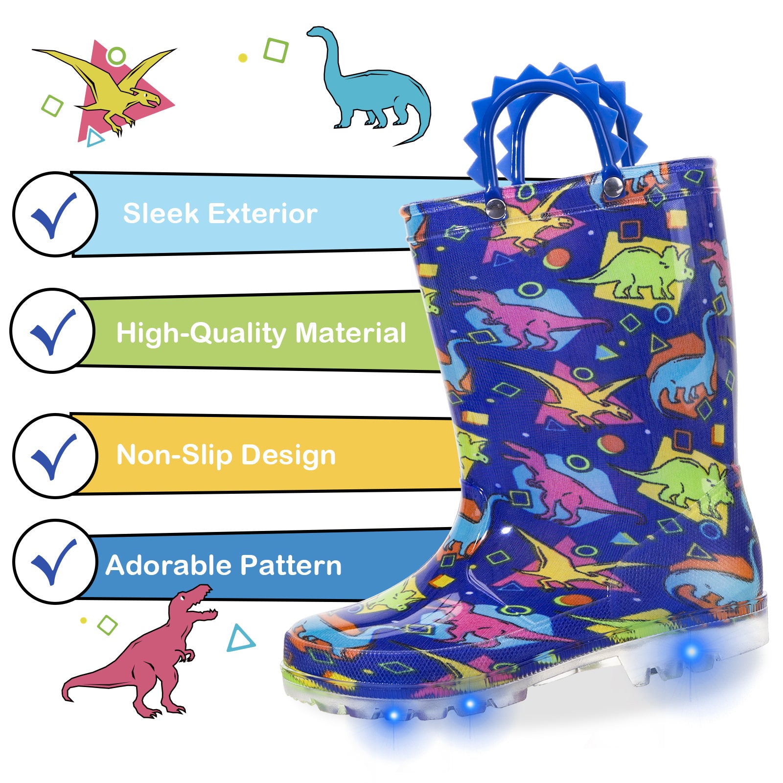 Children's rain boot with dinosaur pattern and LED lights, featuring checkmarks and text about boot features.