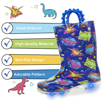 Children's rain boot with dinosaur pattern and LED lights, featuring checkmarks and text about boot features.