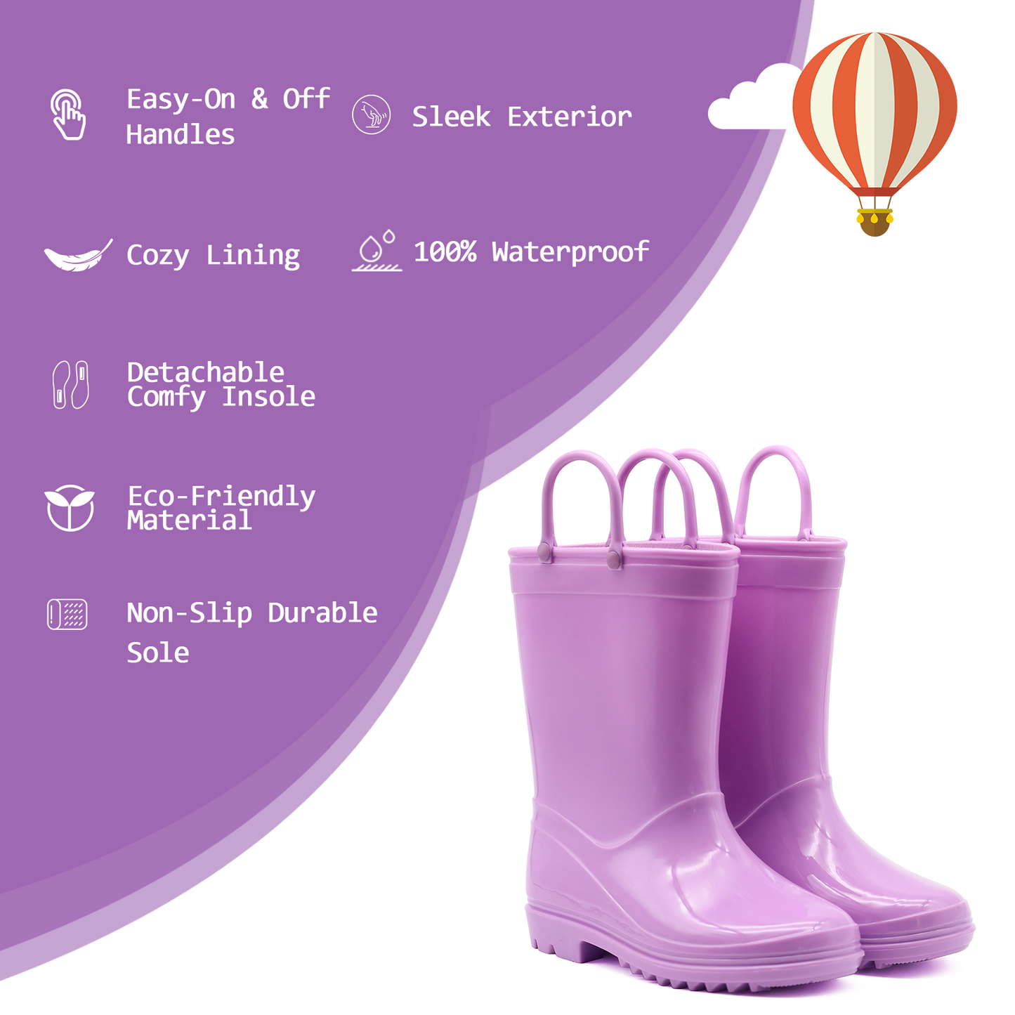 Toddler Kids Rain Boots for Girls Boys Waterproof Solid Purple Rain Shoes with Handles