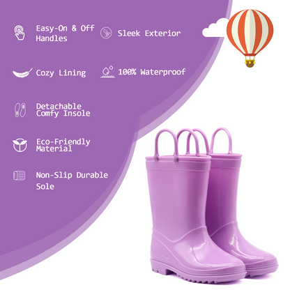 Toddler Kids Rain Boots for Girls Boys Waterproof Solid Purple Rain Shoes with Handles