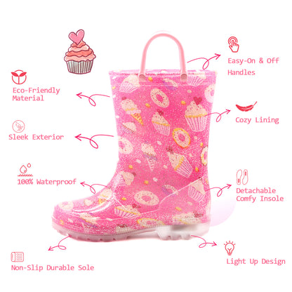 Glitter Pink Donut Light Up Waterproof Rain Boots with Handles