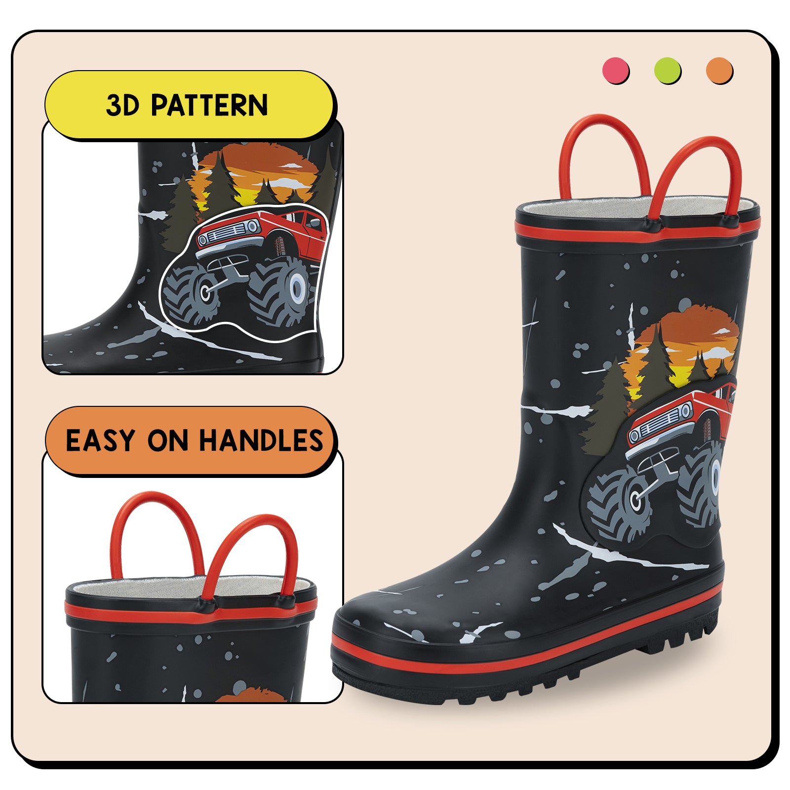 Children's black rain boots with red handles and monster truck design on a beige background