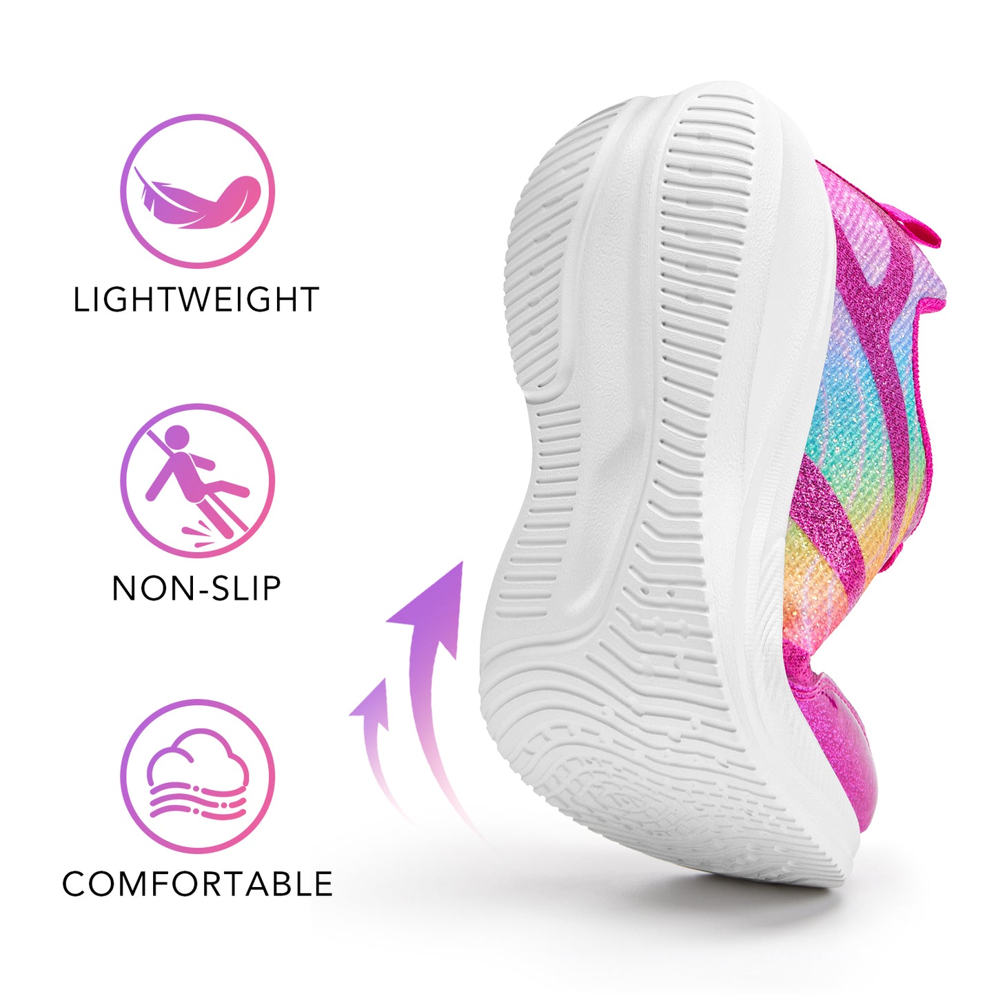 girls sneakers kids lightweight running shoes magenta lines with a rainbow gradient