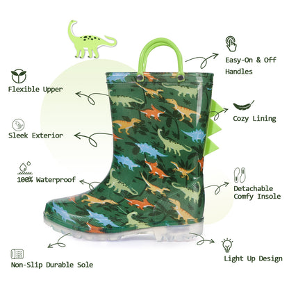 Light Up Boys Dinosaur Rain Boots with Handles