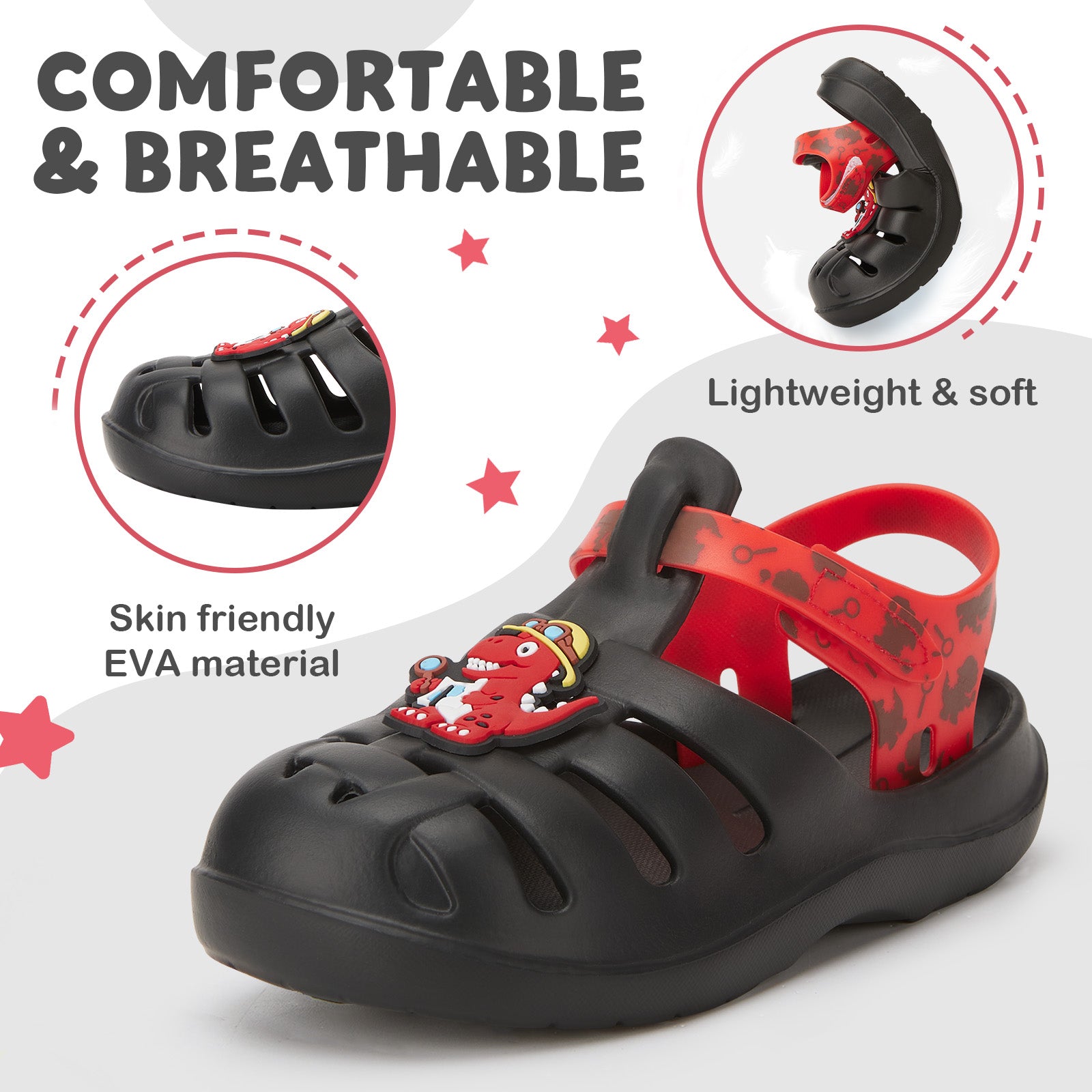 Kids Black Archaeologist Dinosaur Roman Sandals - Fossil Print Gladiator Beach Shoes - FUNCOO