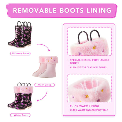 Light Up Warm Kids Rain Boots Unicorns and stars on a black background