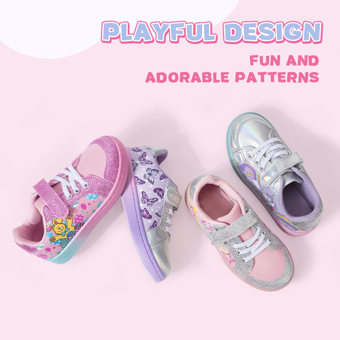 children's shoes with playful design and fun patterns on a light pink background