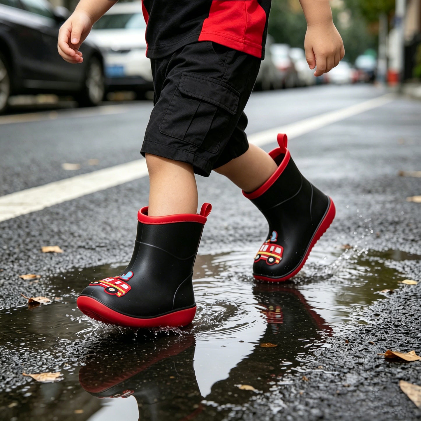 kids-toddler black car cartoon kids rain boots