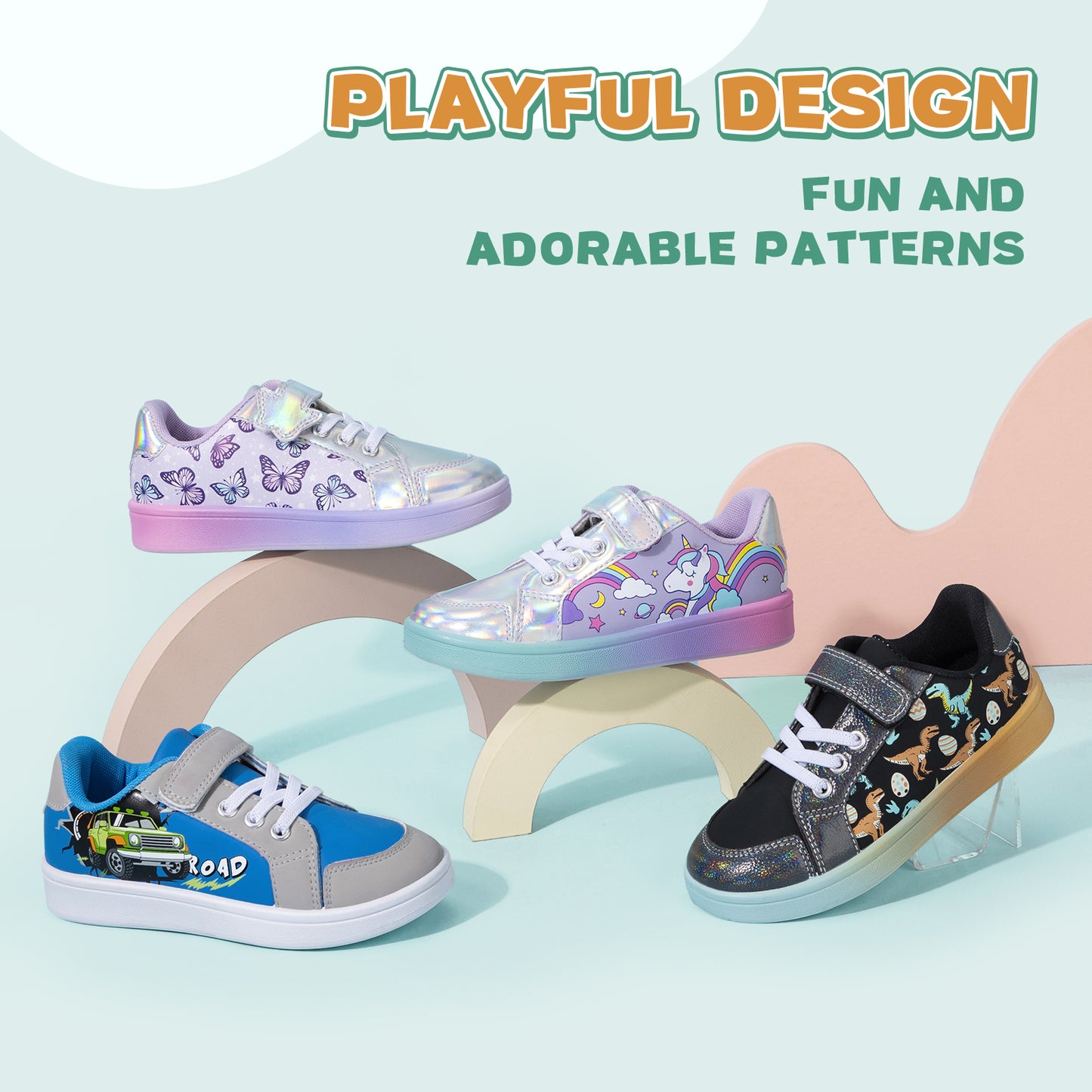 four children's sneakers with playful designs on a light blue background