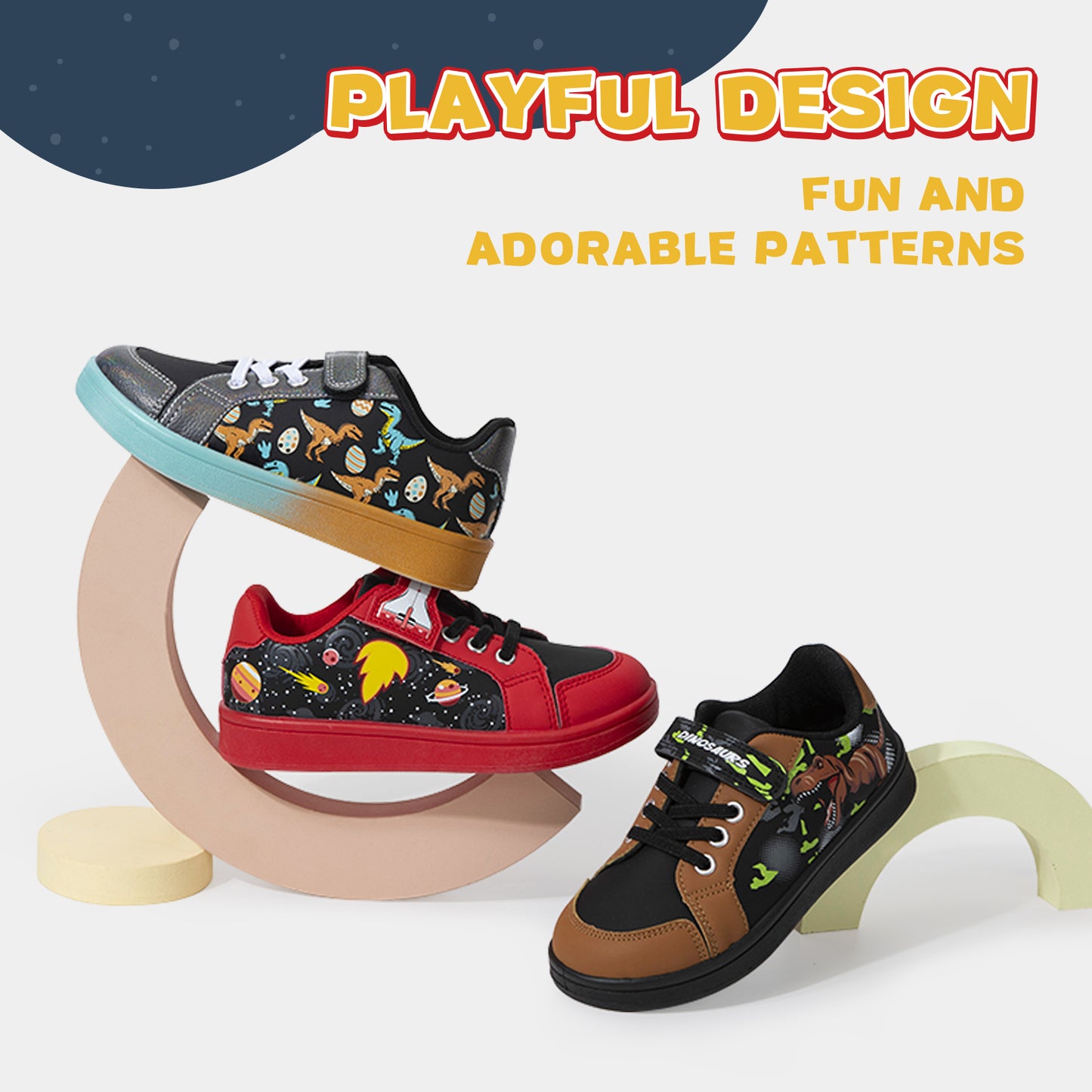 three children's sneakers with playful designs on a white background, with text 'playful design' and 'fun and adorable patterns'.