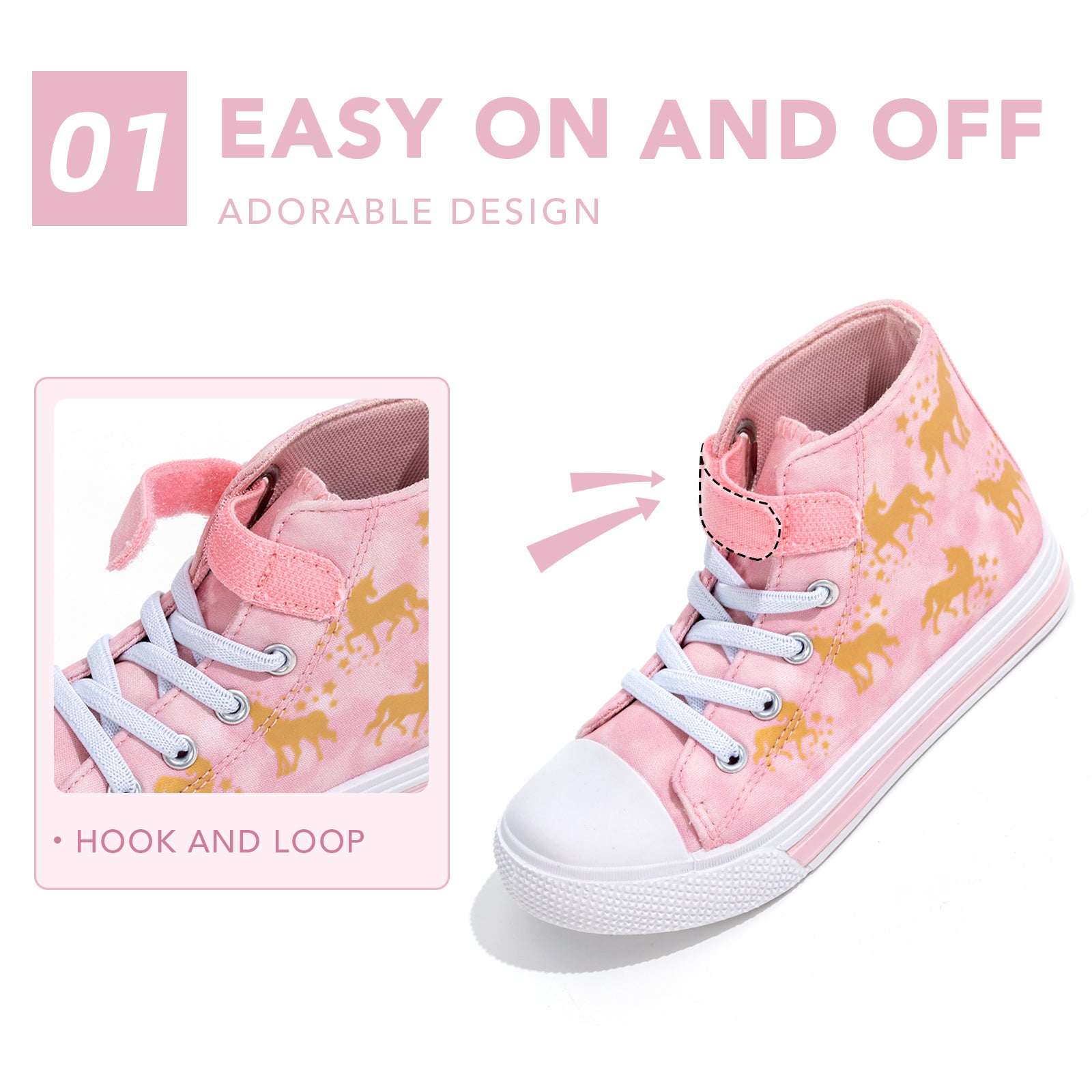Velcro Glod Unicorn Light Up High Top Girls Sneakers - FUNCOO