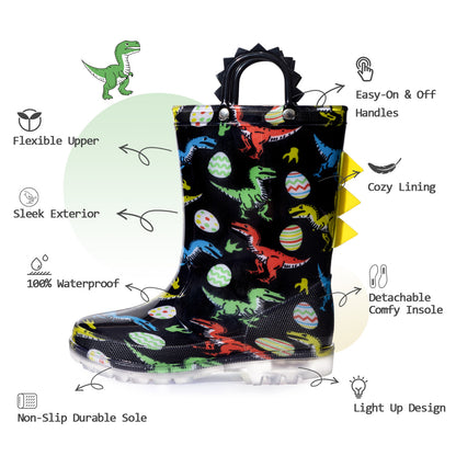Children's rain boot with dinosaur pattern and features listed on a white background