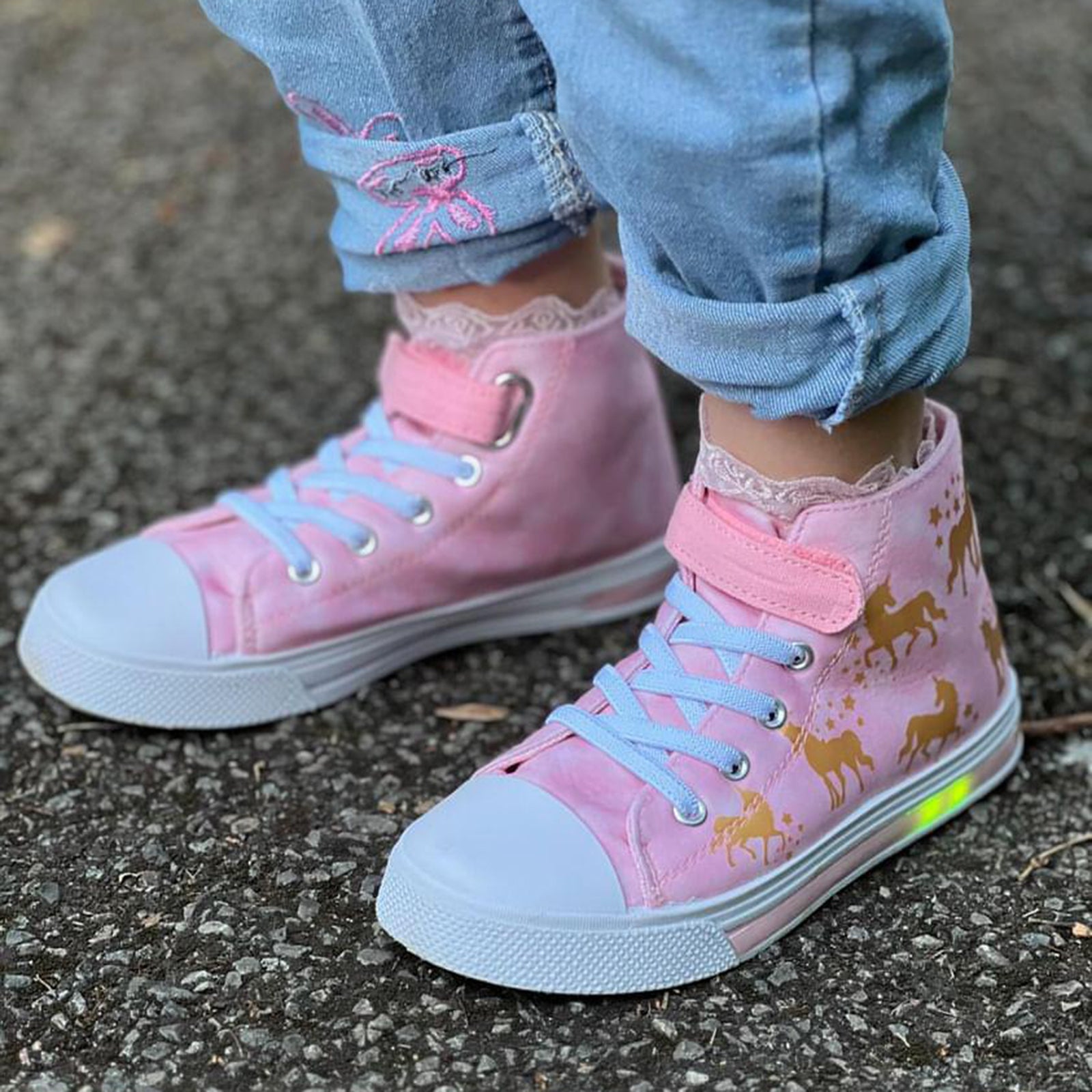 Velcro Glod Unicorn Light Up High Top Girls Sneakers - FUNCOO