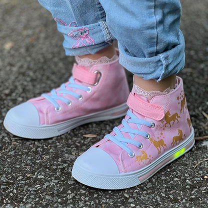 Velcro Glod Unicorn Light Up High Top Girls Sneakers - FUNCOO
