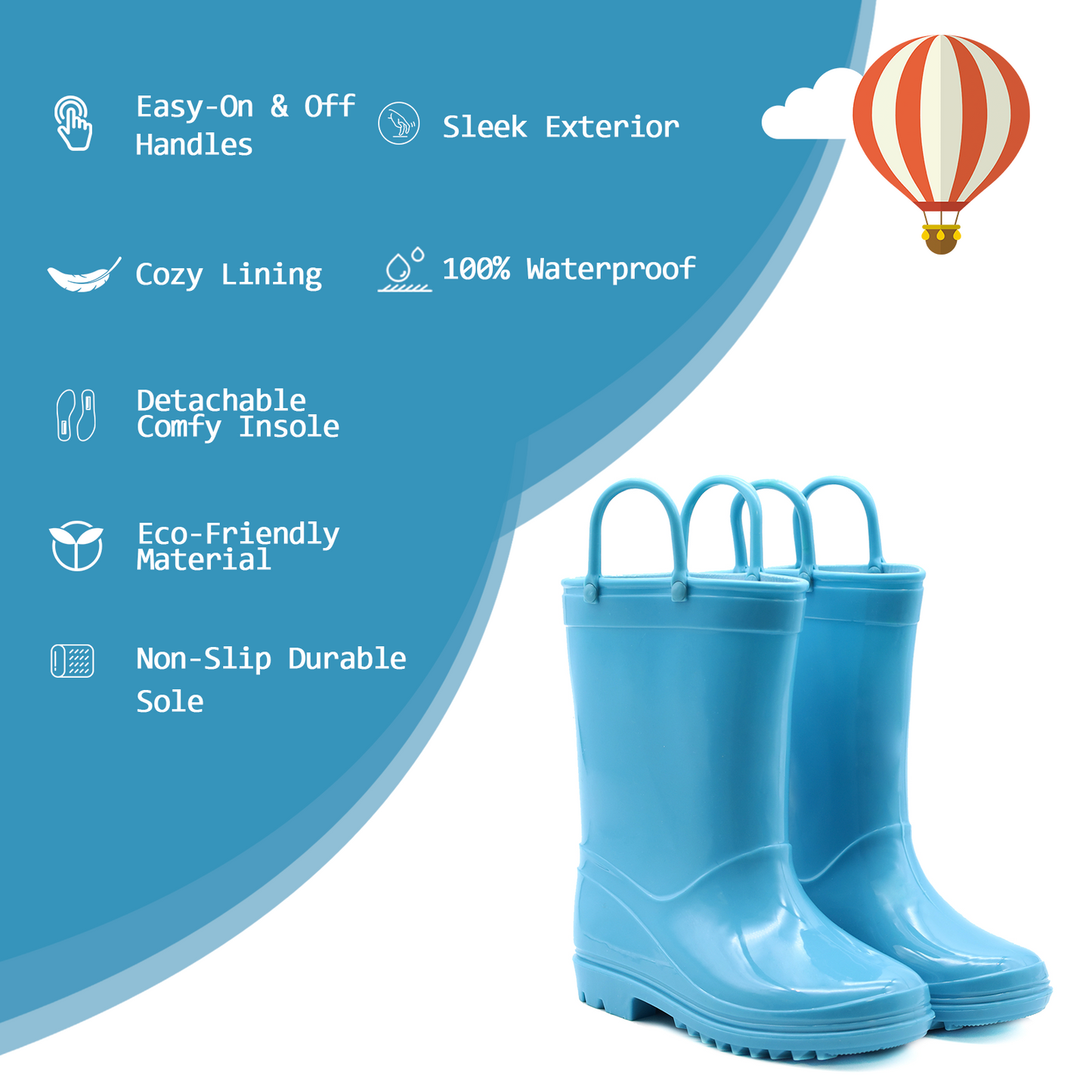 Toddler Kids Rain Boots for Girls Boys Waterproof Solid Blue Rain Shoes with Handles