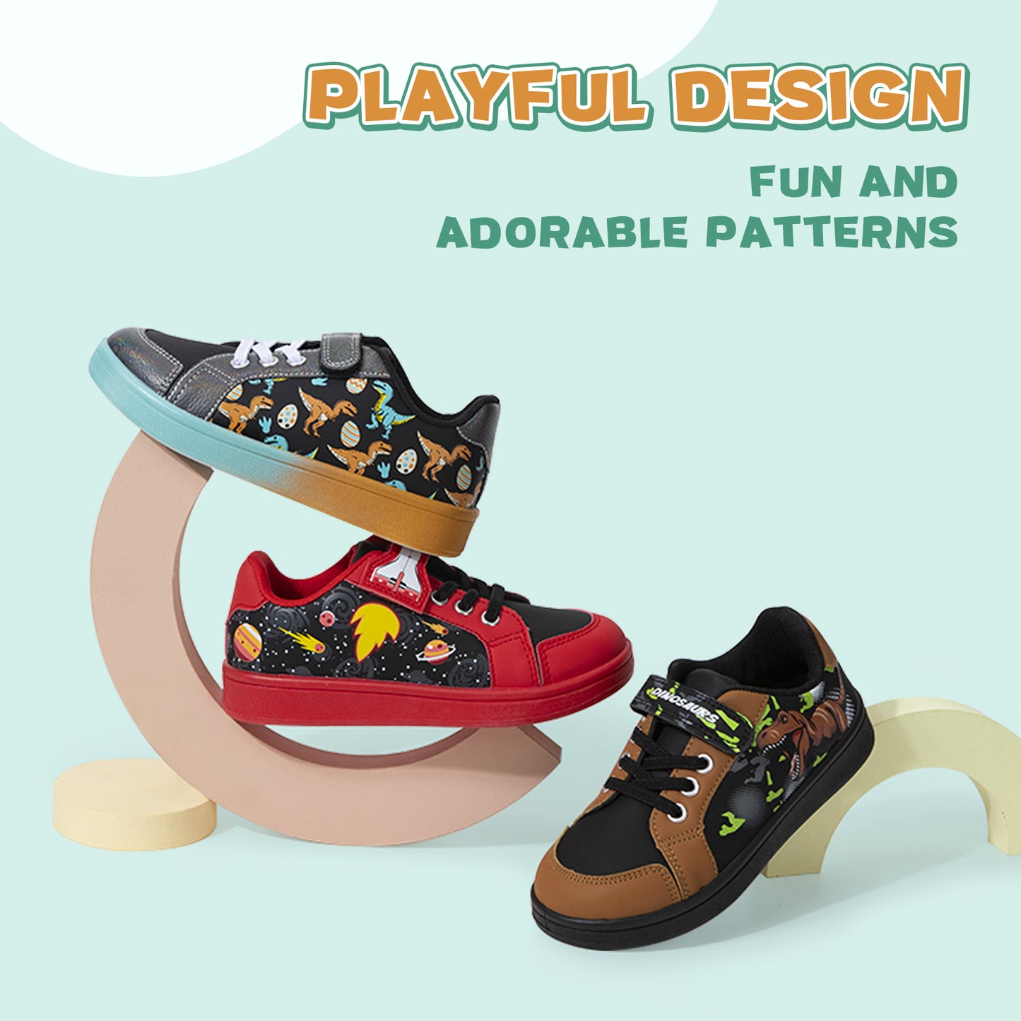 three children's sneakers with playful designs on a light blue background
