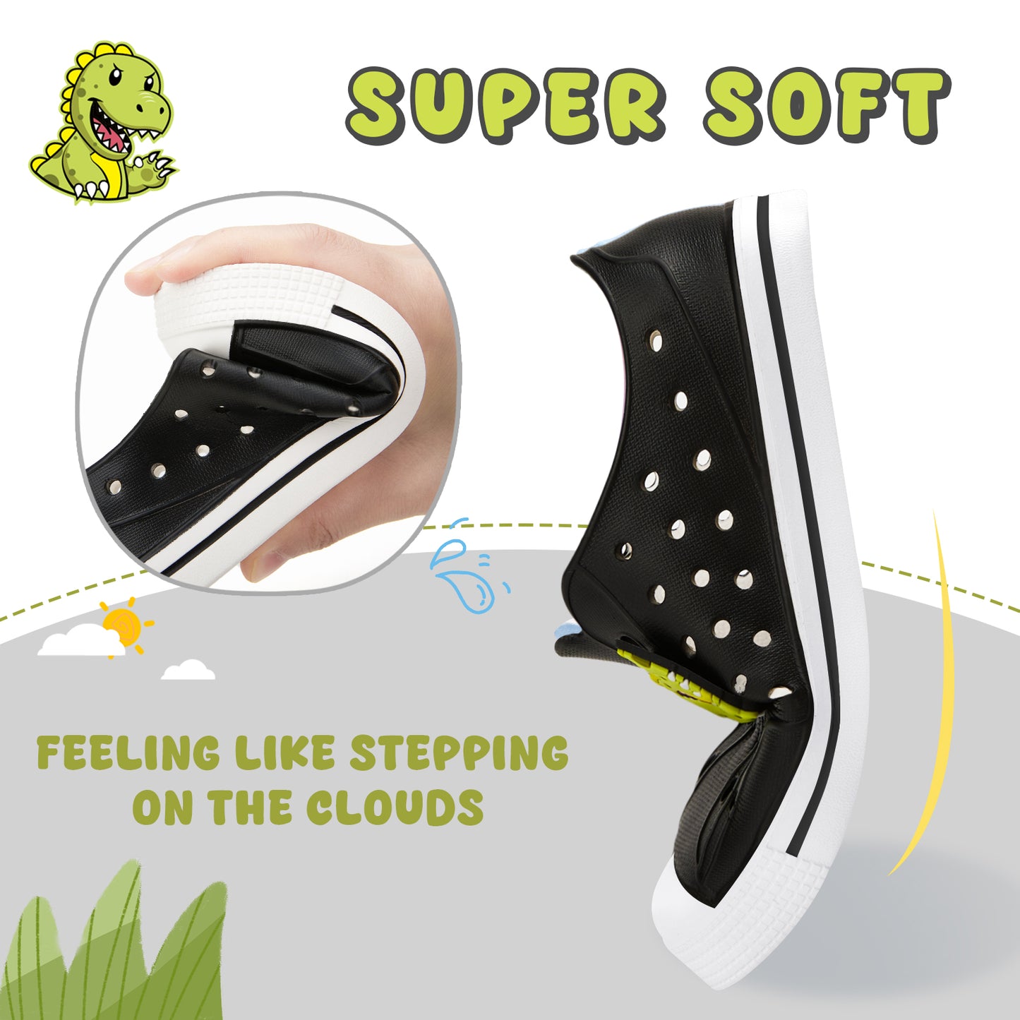 kids green dinosaur summer sandals - solid black dino beach shoes - funcoo